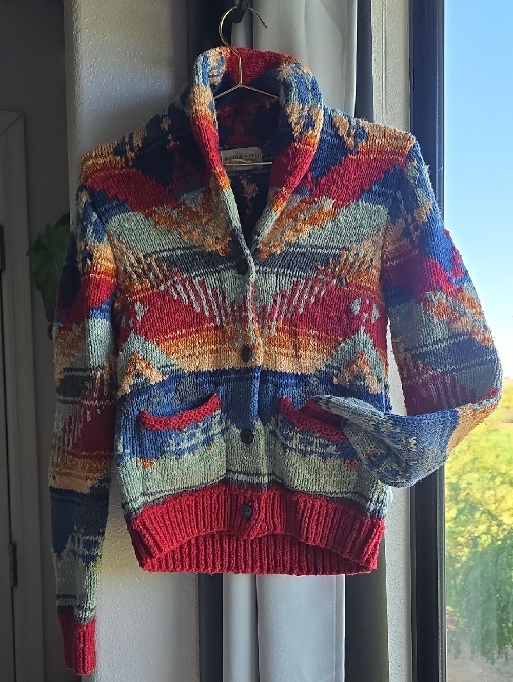 VTG Denim & Supply Ralph Lauren Navy and Red Southwestern Knit Cardigan S Petite - Picture 3 of 16